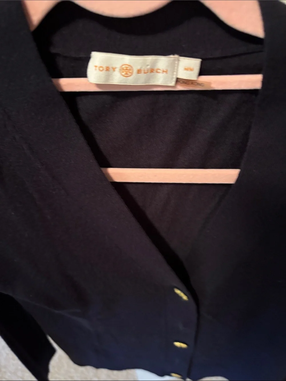 Tory Burch Navy V-Neck Button Cardigan with Gold Buttons